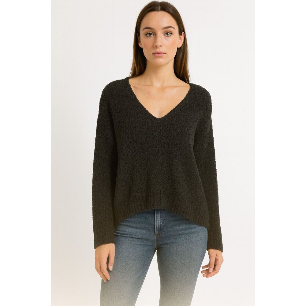 Free People Solid Black Over Sized V Neck Pullover Chunky Cotton Sweater size M